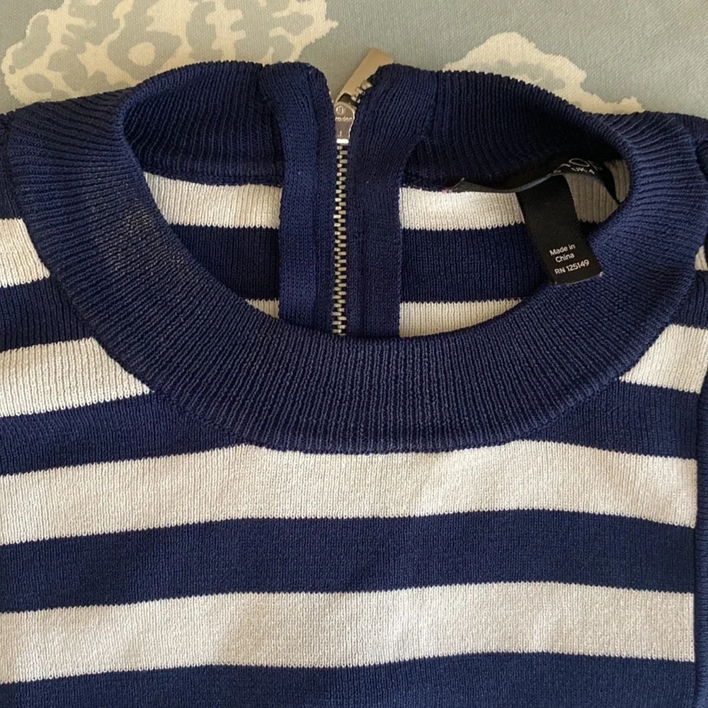 Topshop Asymmetrical  Striped Crew Neck Navy Blue White Crew Neck Sweate…